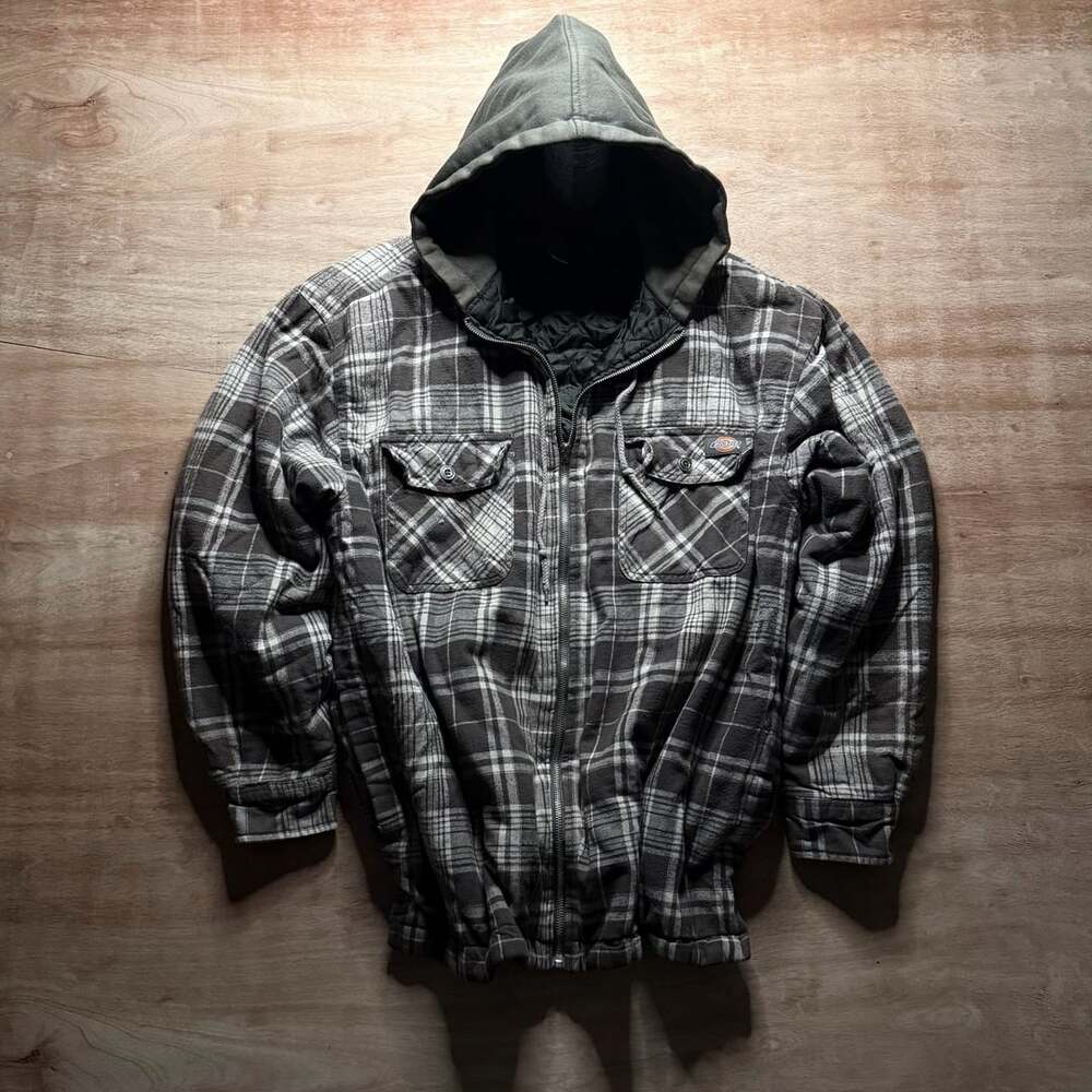 Dickies Plaid Hooded Flannel Jacket Green Brown White Quilted Workwear Grunge